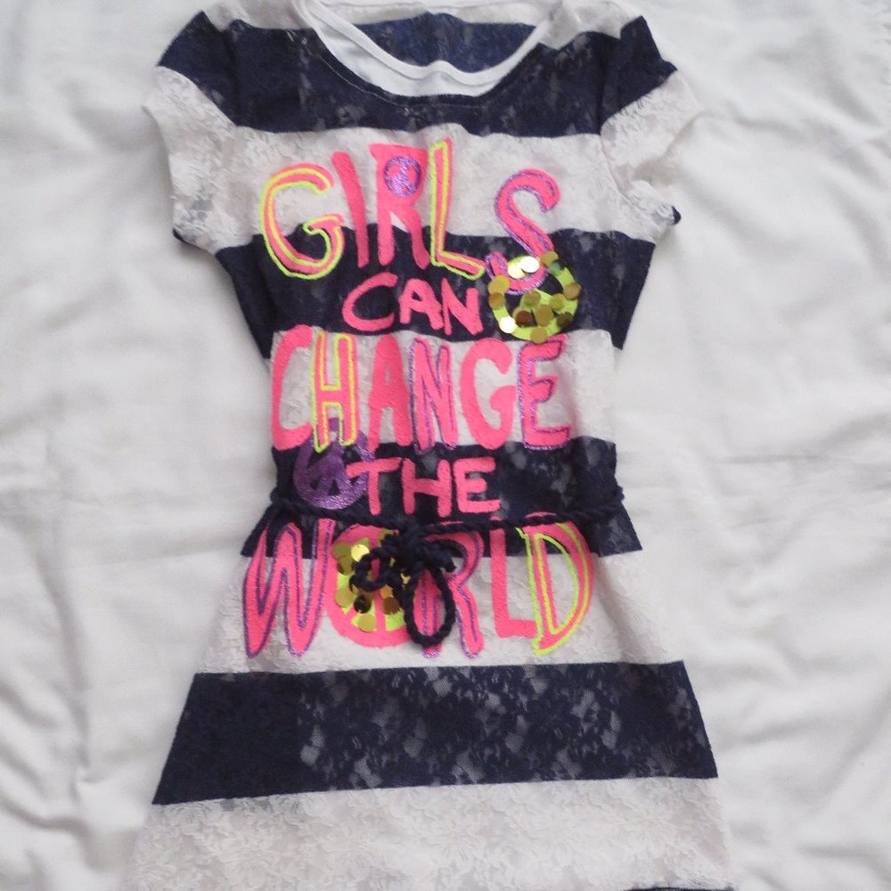 Girls Justice Blue White Stripe Lace Dress - Picture 1 of 4